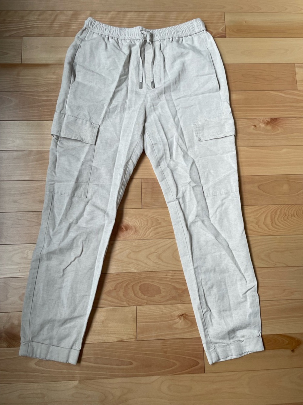 Casual Drawstring Linen Blend Pants - Light Beige/Cream